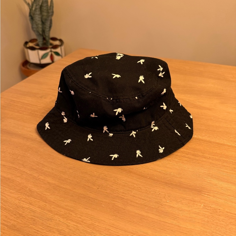 PLAYBOY Black Bucket Hat with White Bunny Motif